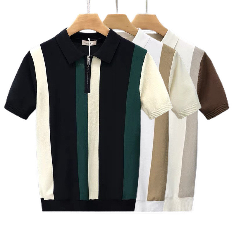 Camisa POLO lapela manga curta malhas meio zíper Top bloqueador de cores