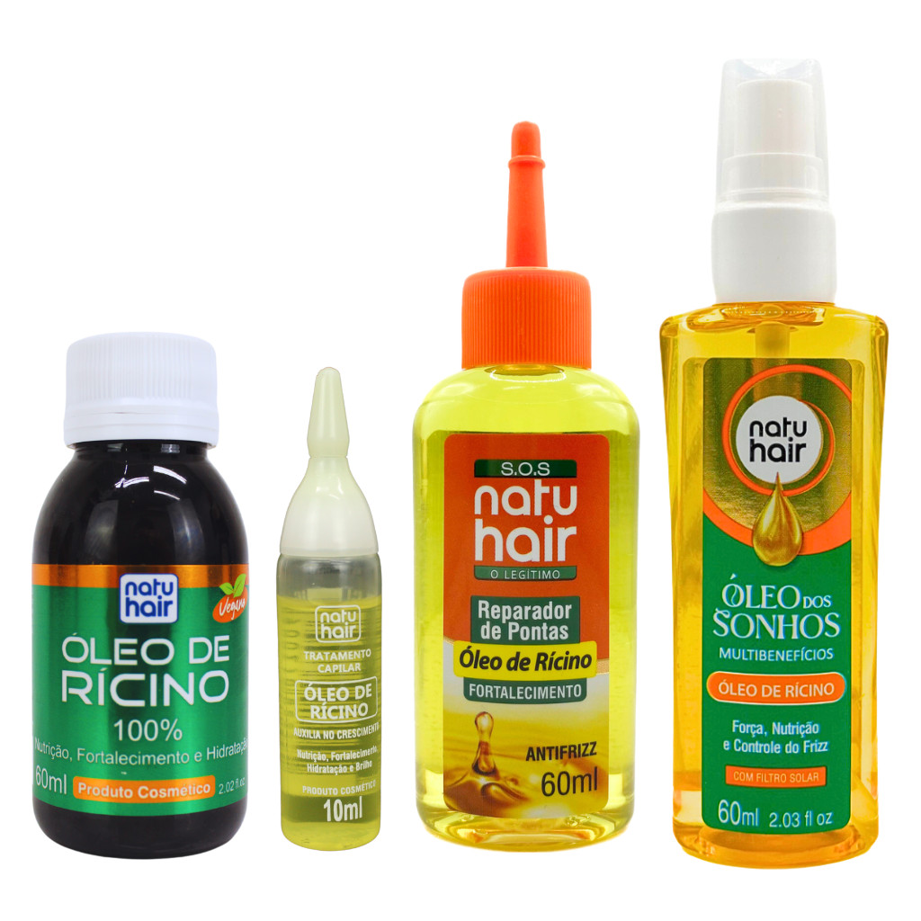 Kit Óleo de Rícino - Óleo Vegetal + Óleo dos Sonhos + Reparador de pontas + Ampola de Tratamento