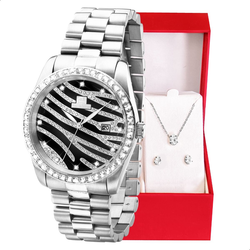 Relógio Feminino Ana Hickmann Prata Social Cristais AH28204T Colar e Brincos em Oferta na Shopee