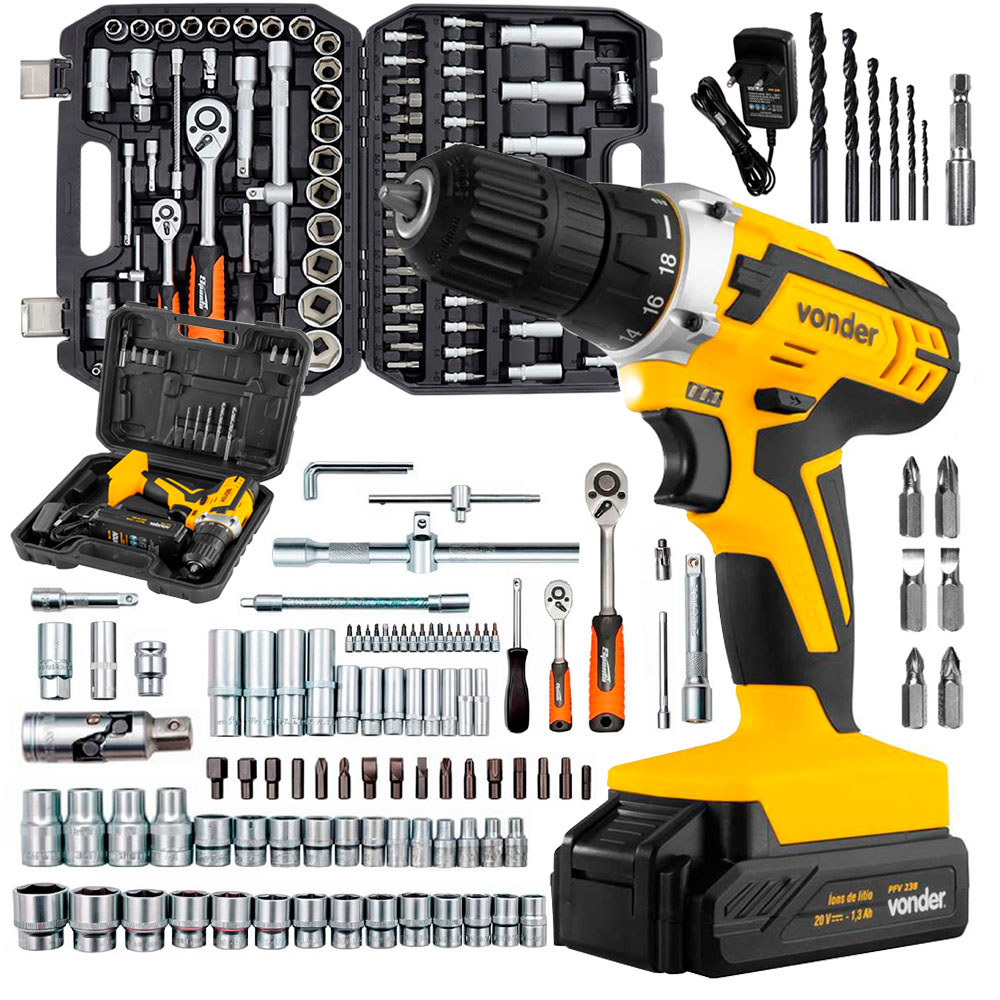Kit Combo Parfusadeira e Furadeira Vonder PFV238 com Bateria e 1 Jogo de Ferramentas Sparta 94 Peças em Oferta na Shopee