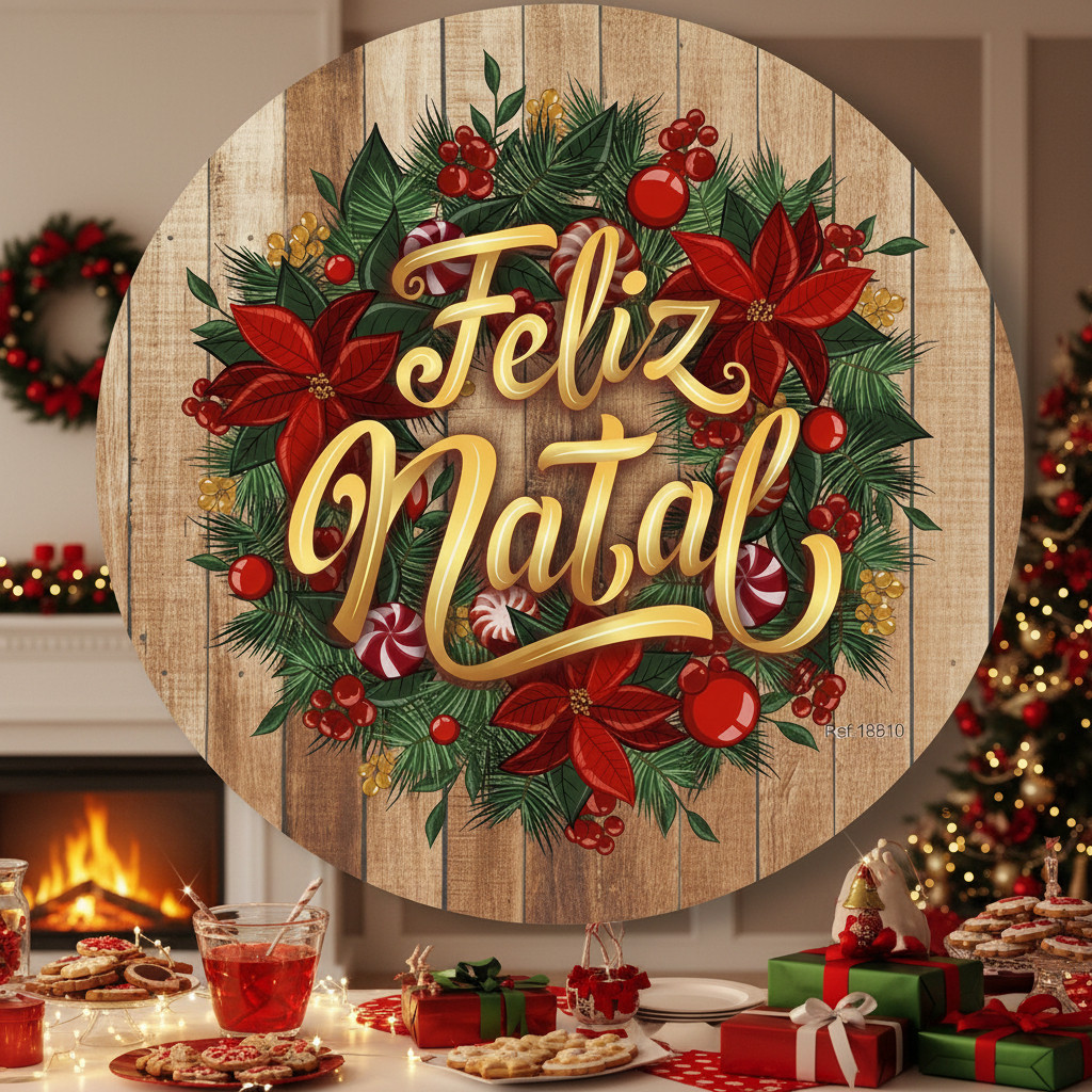 Painel Natal Decorativo Redondo Para Festa e Fotos Tema Papai Noel Jesus 1,50m Impressão Digital HD