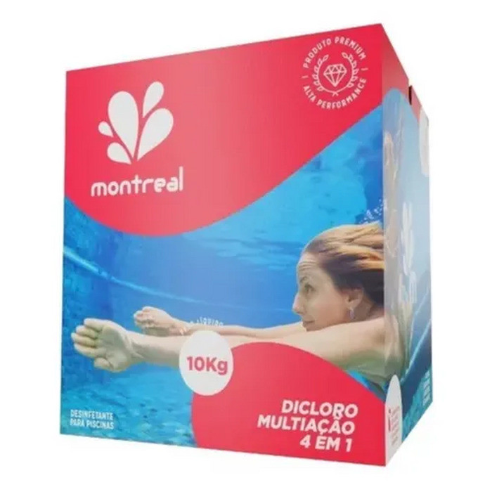 Cloro Montreal Caixa 10kg Multiação 4 em 1 Dicloro Para Limpeza De Piscinas Água Cristalina
