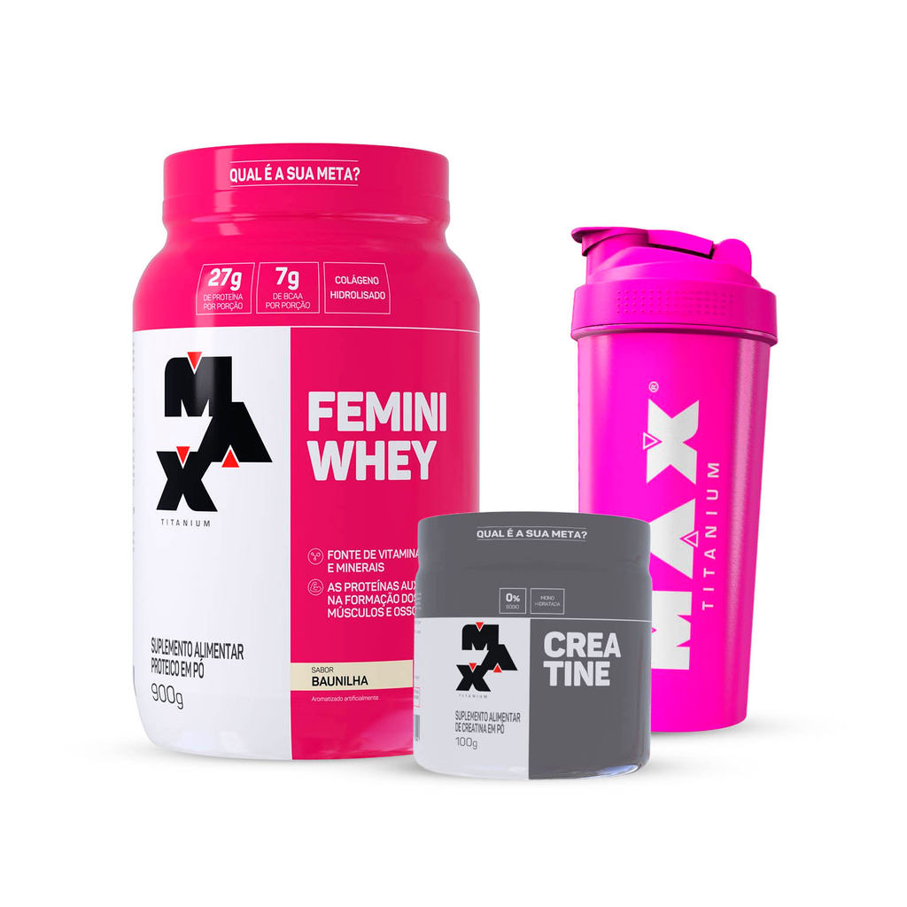 Combo Whey  Feminino 900 Gr, Creatina 100g e Coqueteleira