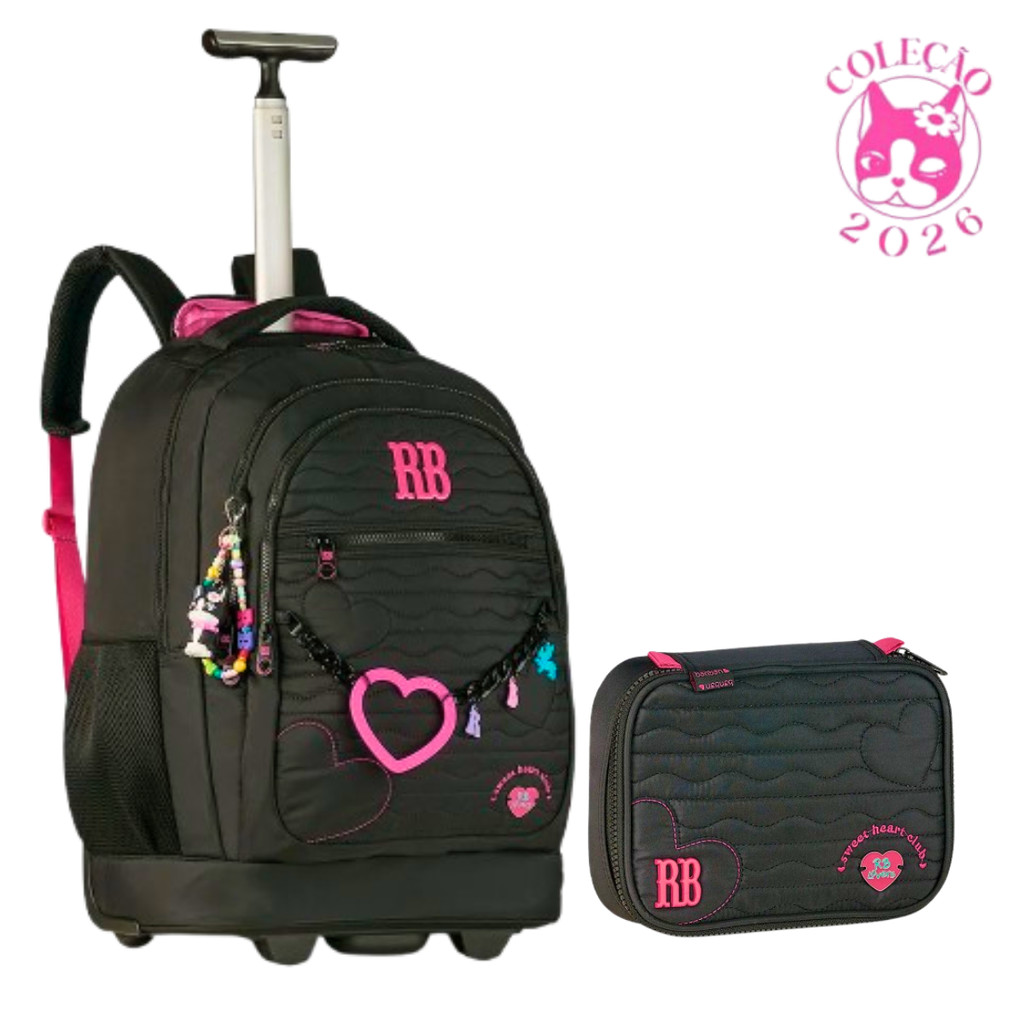 Kit Mochila de Rodinha Com Estojo Rebecca Bonbon Heart Beats