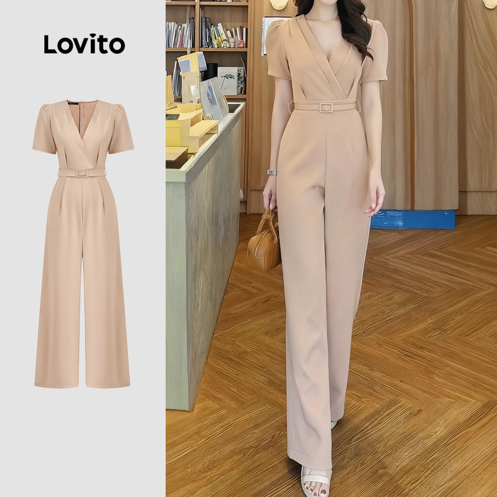Lovito Elegante Macacão com Cinto para Primavera/verão em Caqui para Mulheres L1