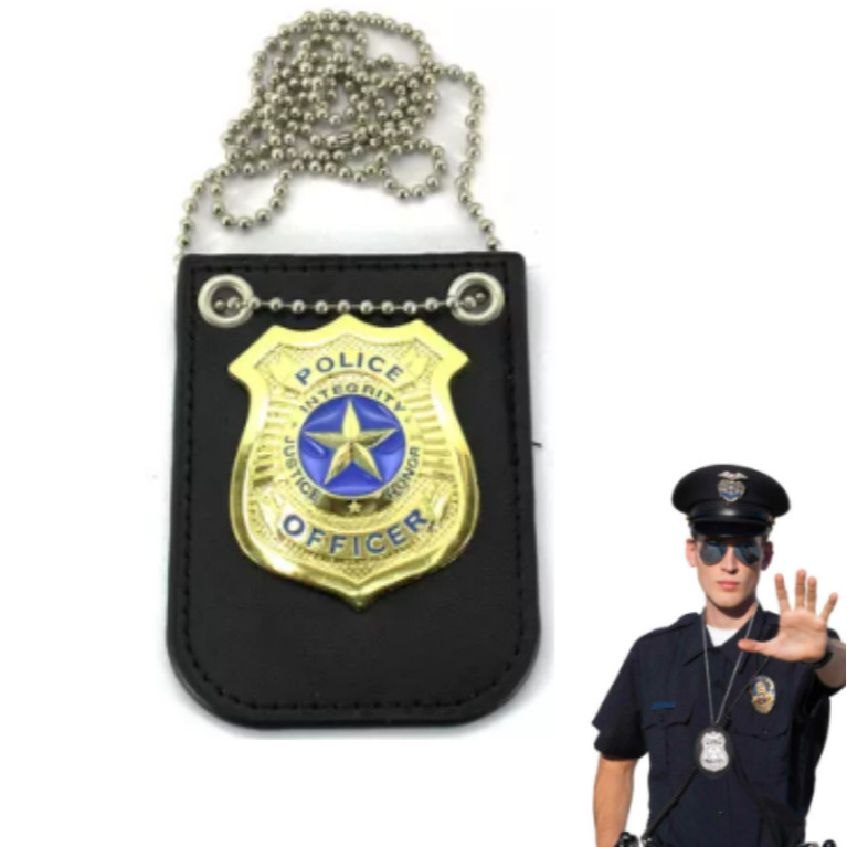 Distintivo Policial Polia Fantasia Acessorio Carnaval Festa Police FBR SWAT Feminino Masculino Metal Couro