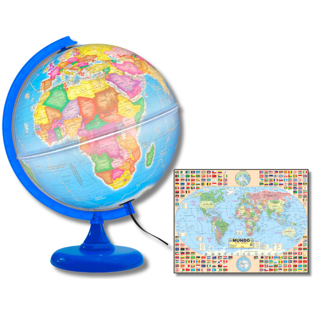 Globo Terrestre Luminoso Politico 30Cm - Giratório Base Azul + Mapa Mundi