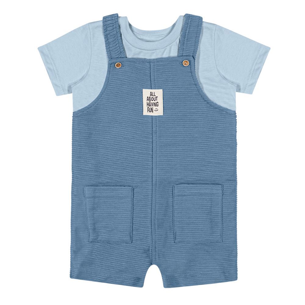 Conjunto Menino Angerô Camiseta Algodão e Jardineira Moletinho Azul