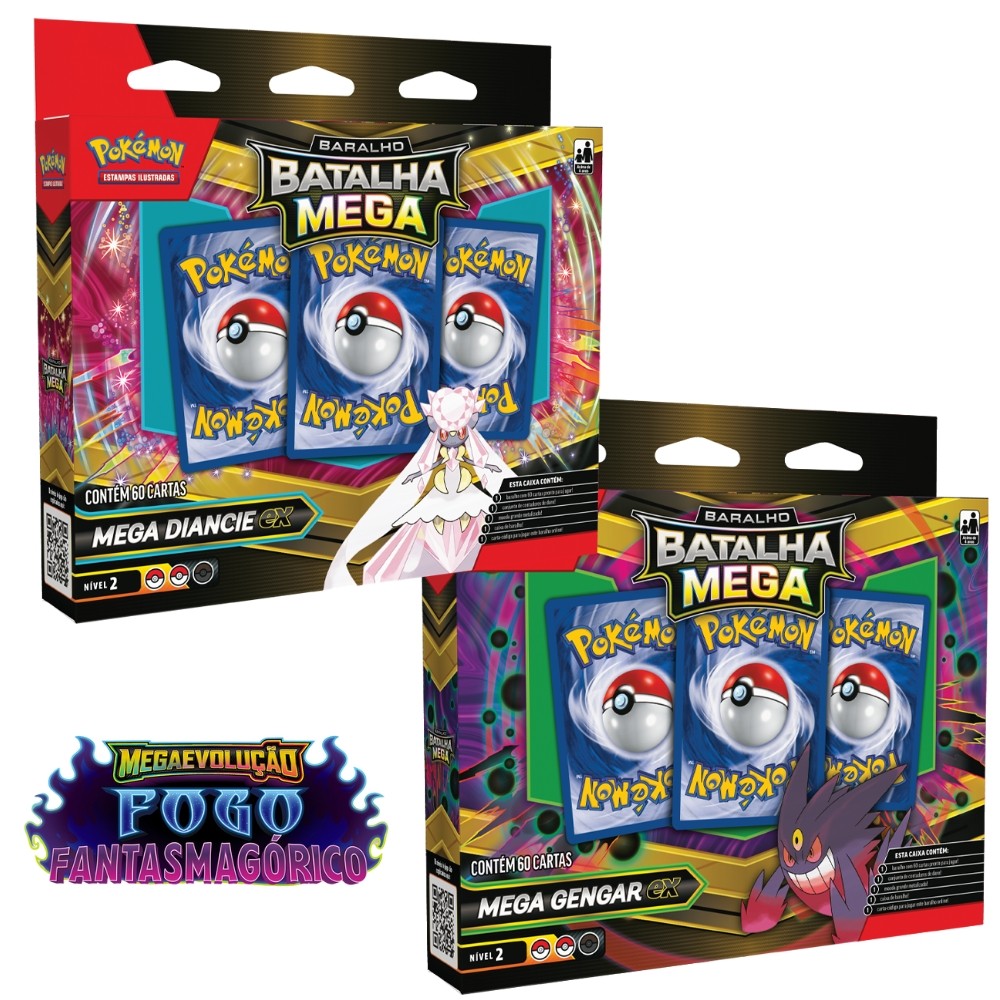 BOX POKÉMON DECK BARALHO BATALHA MEGA DIANCIE OU GENGAR NVL 2 COPAG 60 CARTA TCG FOGO FANTASMAGÓRICO