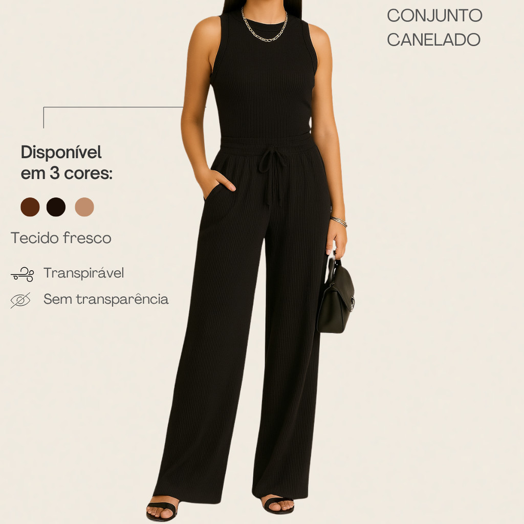 Conjunto Canelado Pantalona Wide Leg Com Bolso Regata Canelada Feminina em Oferta na Shopee