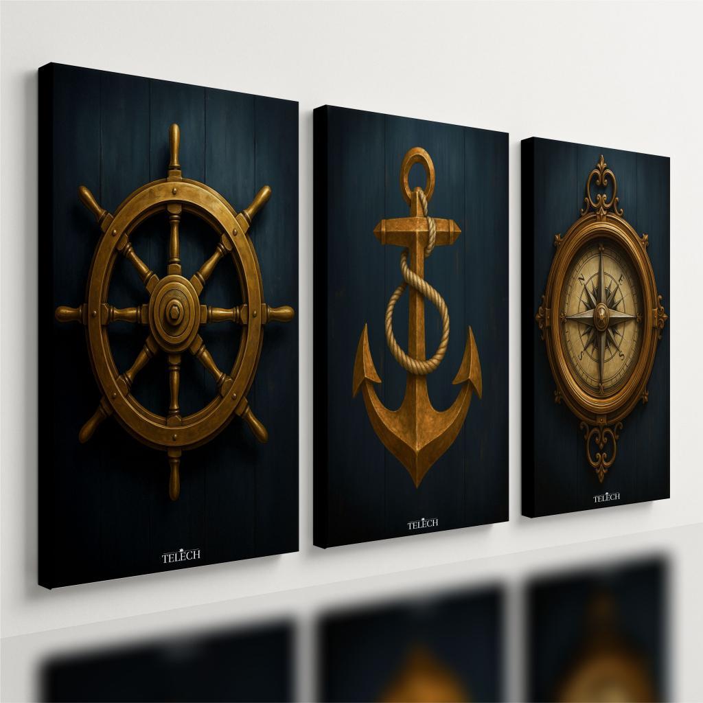 Kit3 Quadro Decorativo Marítimo Barco Ancora Bussola Veleiro Qualidade Premium Luxo