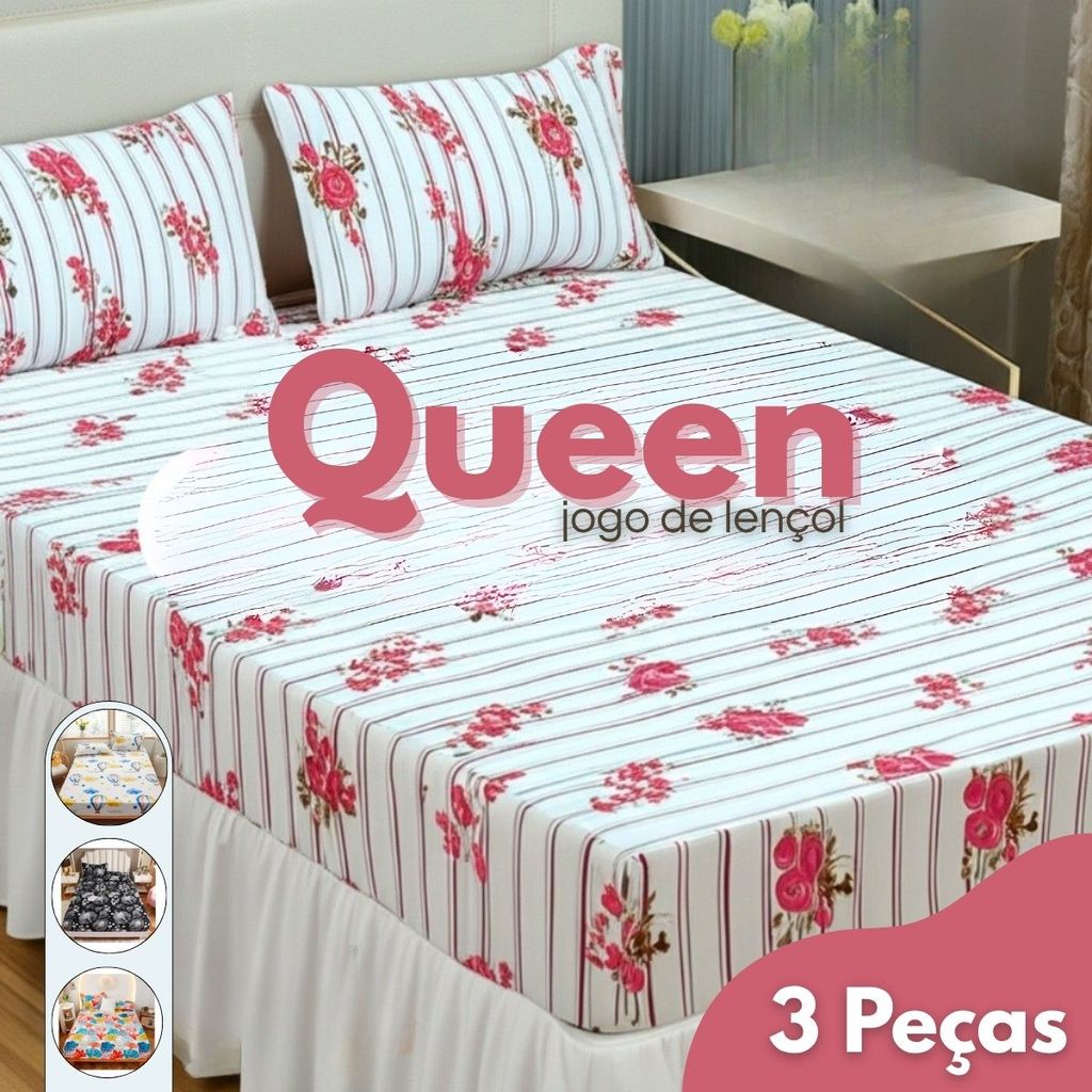 Kit Jogo De Lençol Cama Casal Queen 3 Peças Elástico 1,98m x 1,58m x 0,30cm Altura Estampas Sortidas em Oferta na Shopee