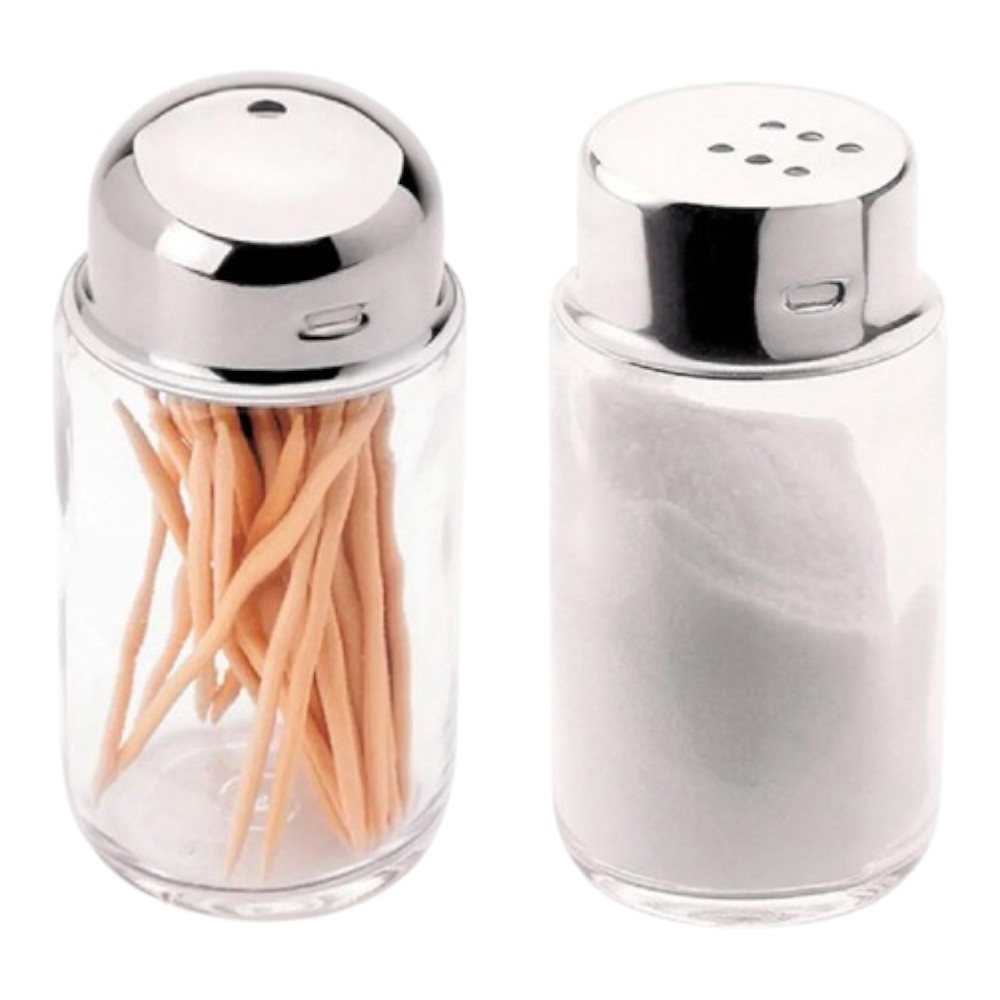 CONJUNTO 2 PEÇAS SALEIRO E PALITEIRO VIDROE TAMPA INOX 100 ML FORMA UTILIDADES