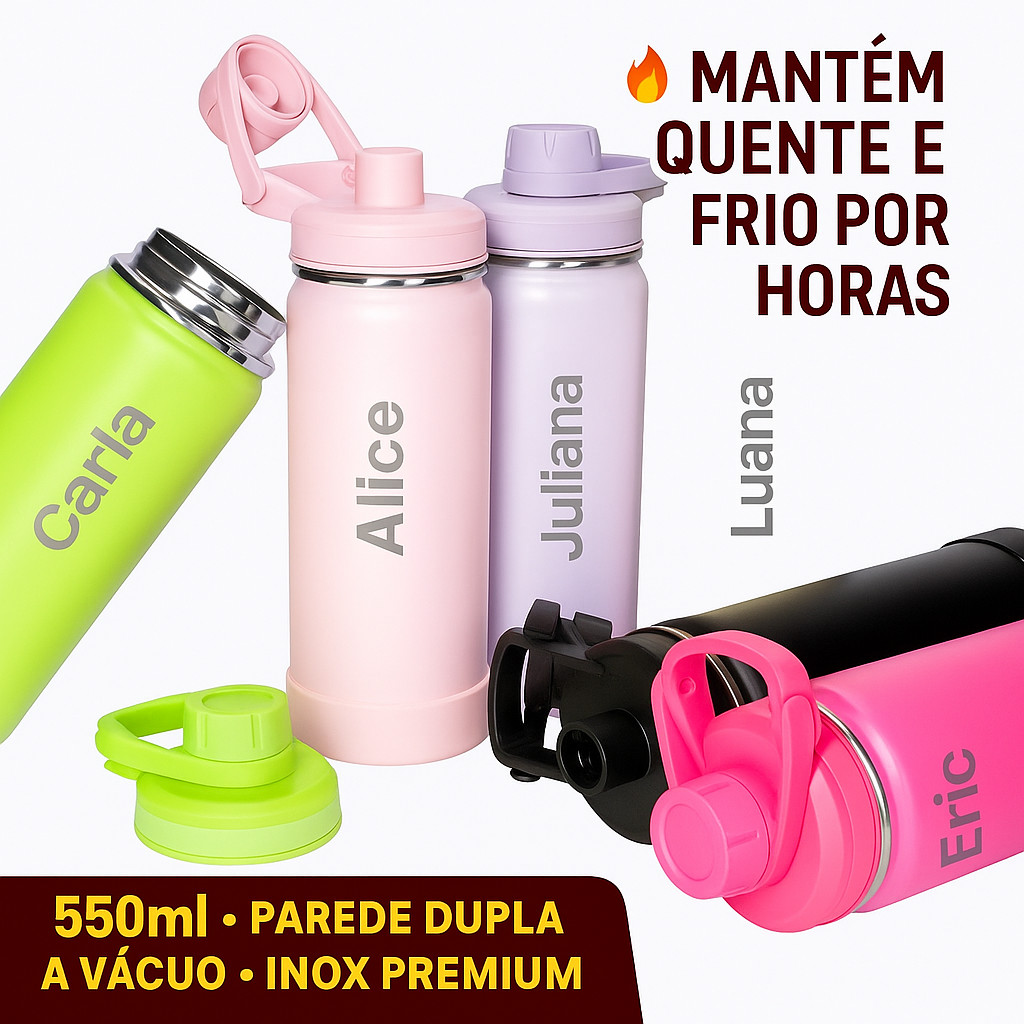Garrafa Personalizada Térmica Inox 550ml | Parede Dupla | Tampa com Alça e Protetor Silicone | em Oferta na Shopee