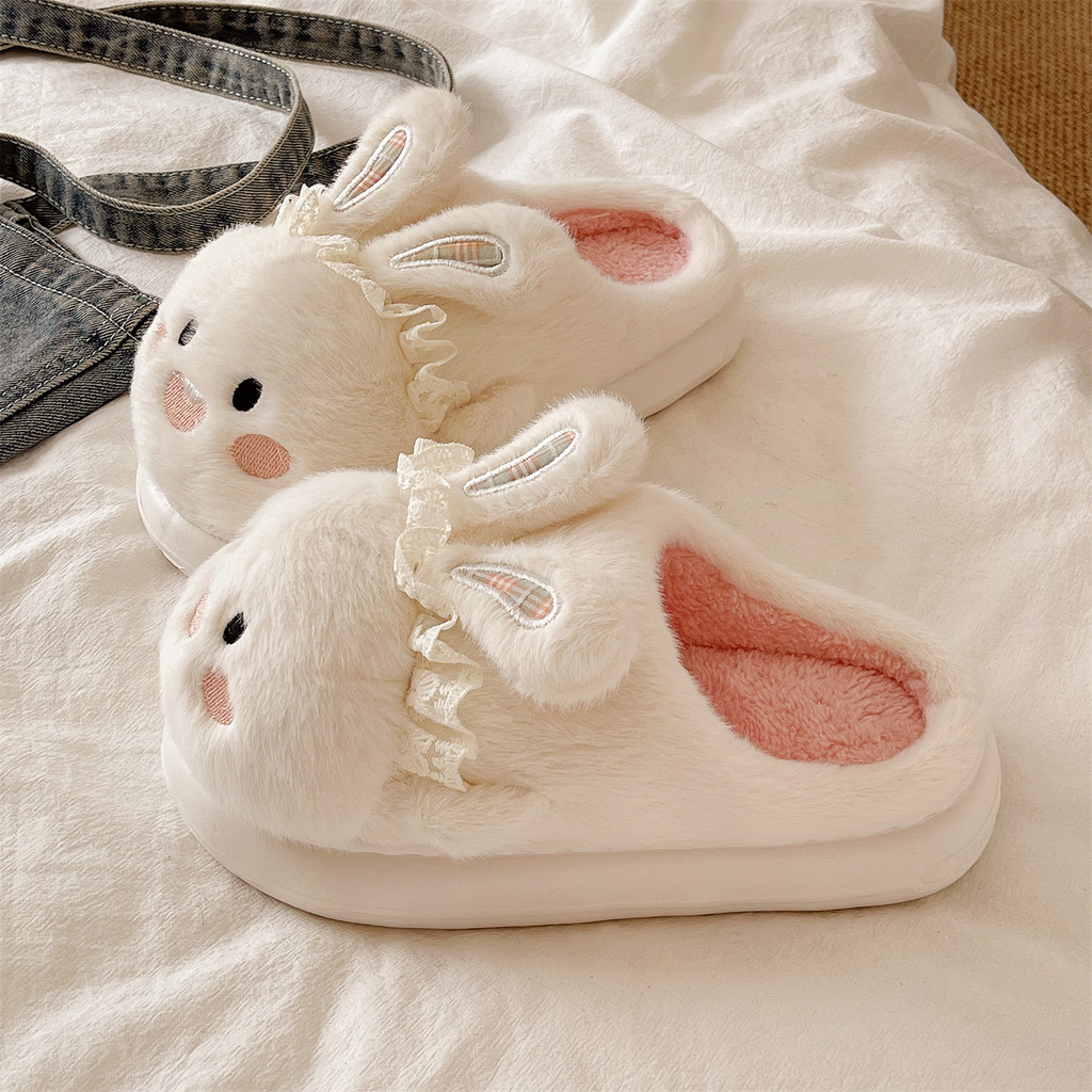 Bonito coelho chinelos de algodão feminino inverno interior casa menina coração confinamento pelúcia quente antiderrapan