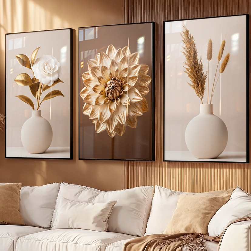 KIT 3 Quadros Decorativos Rosa Ouro Branco Floral Sala de Estar, Quarto, Decoração de Parede em Oferta na Shopee
