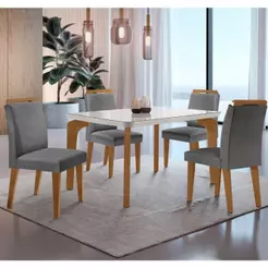 Conjunto Mesa Liz 120cm Com Vidro Cp 4 Cadeiras Athenas Moderna Linho Grafite Off White Imbuia