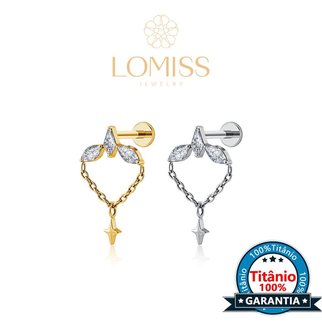 Piercing Orelha Labret Titânio Pvd 3 Zircônias Cravejado Com Detalhes Corrente Transversal - Lábios Tragus Conch Estrela