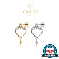Piercing Orelha Labret Titânio Pvd 3 Zircônias Cravejado Com Detalhes Corrente Transversal - Lábios Tragus Conch Estrela