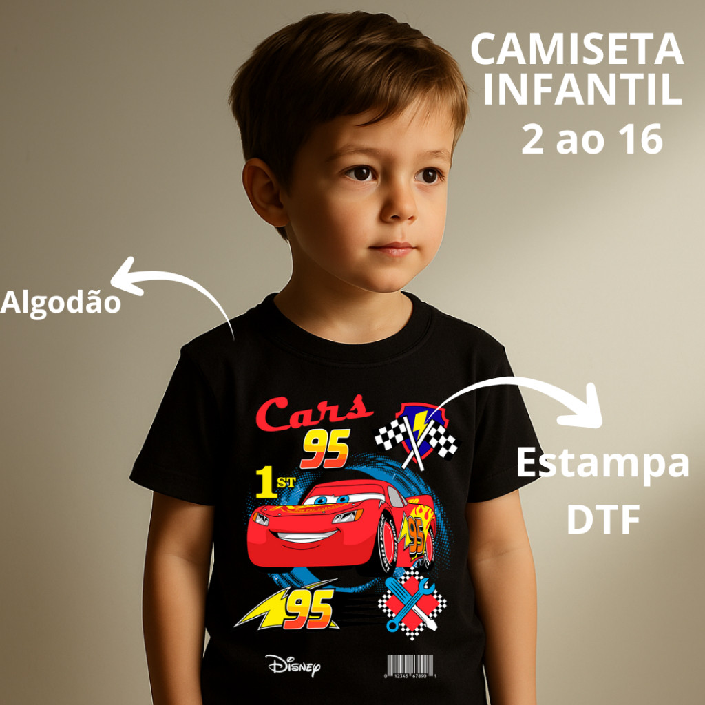 Camiseta Infantil Criança Menino Carros Cars Filme Tendência Estampada Minimalista 100% Algodão