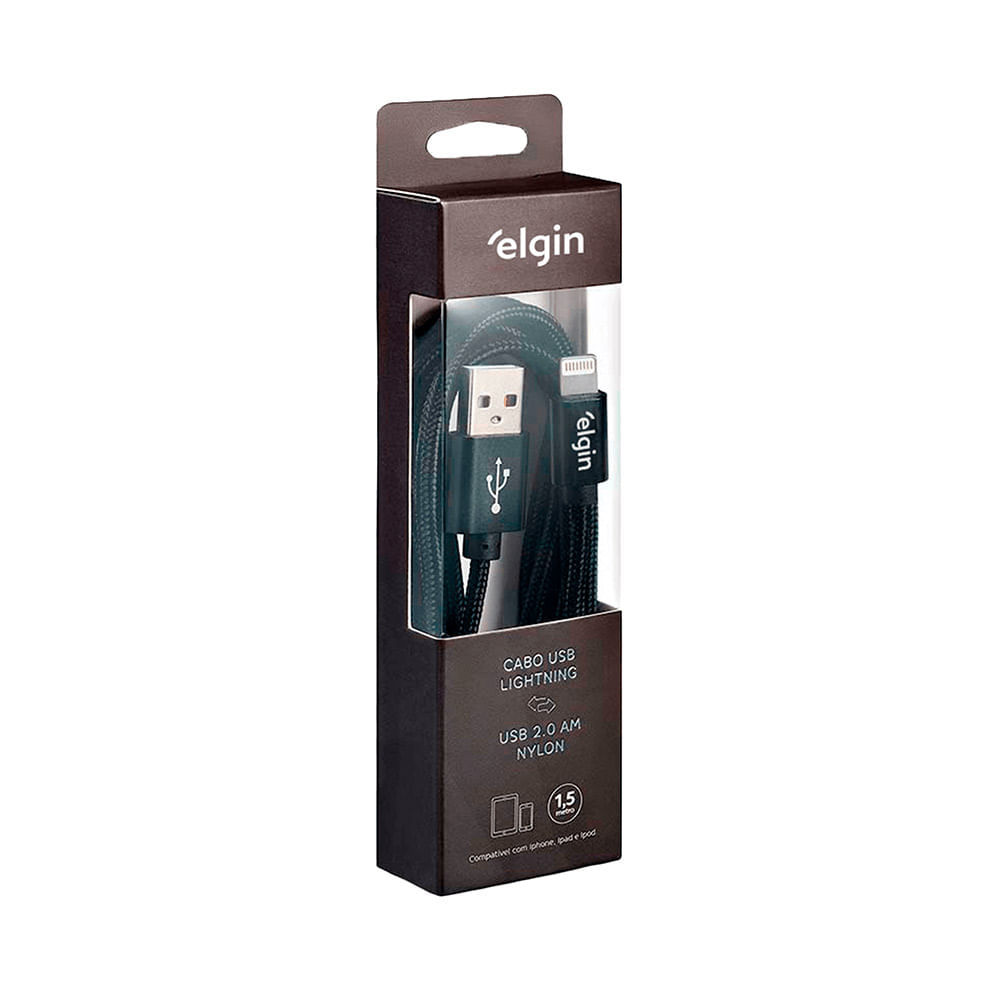 Cabo USB 2.0 Lightning Nylon Preto - 1,5M 480Mbps Compatível com Aparelhos Apple