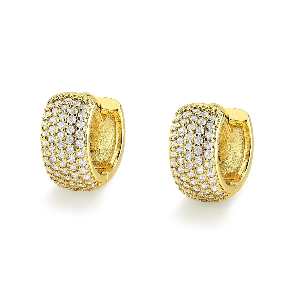 Brinco Argolinha Feminina Cravejada Pedras Zirconia Banhada a ouro 18k Argola Ice