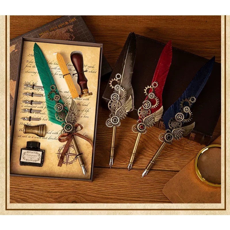 Caneta de Pena Antiga com Suporte e Tinteiro – Kit de Escrita e Decoração Vintage em Oferta na Shopee