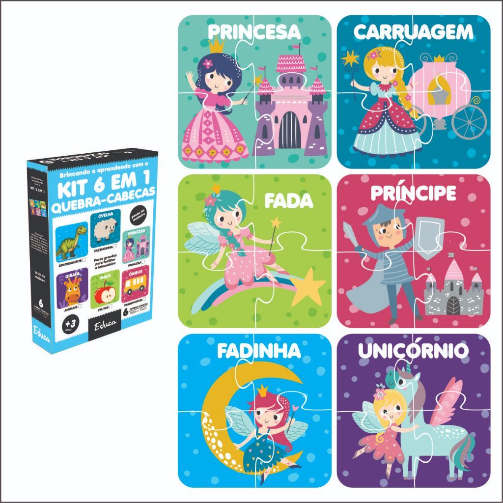 Kit 6 Quebra Cabeça Princesas Unicórnio Infantil Madeira Com 4 Peças