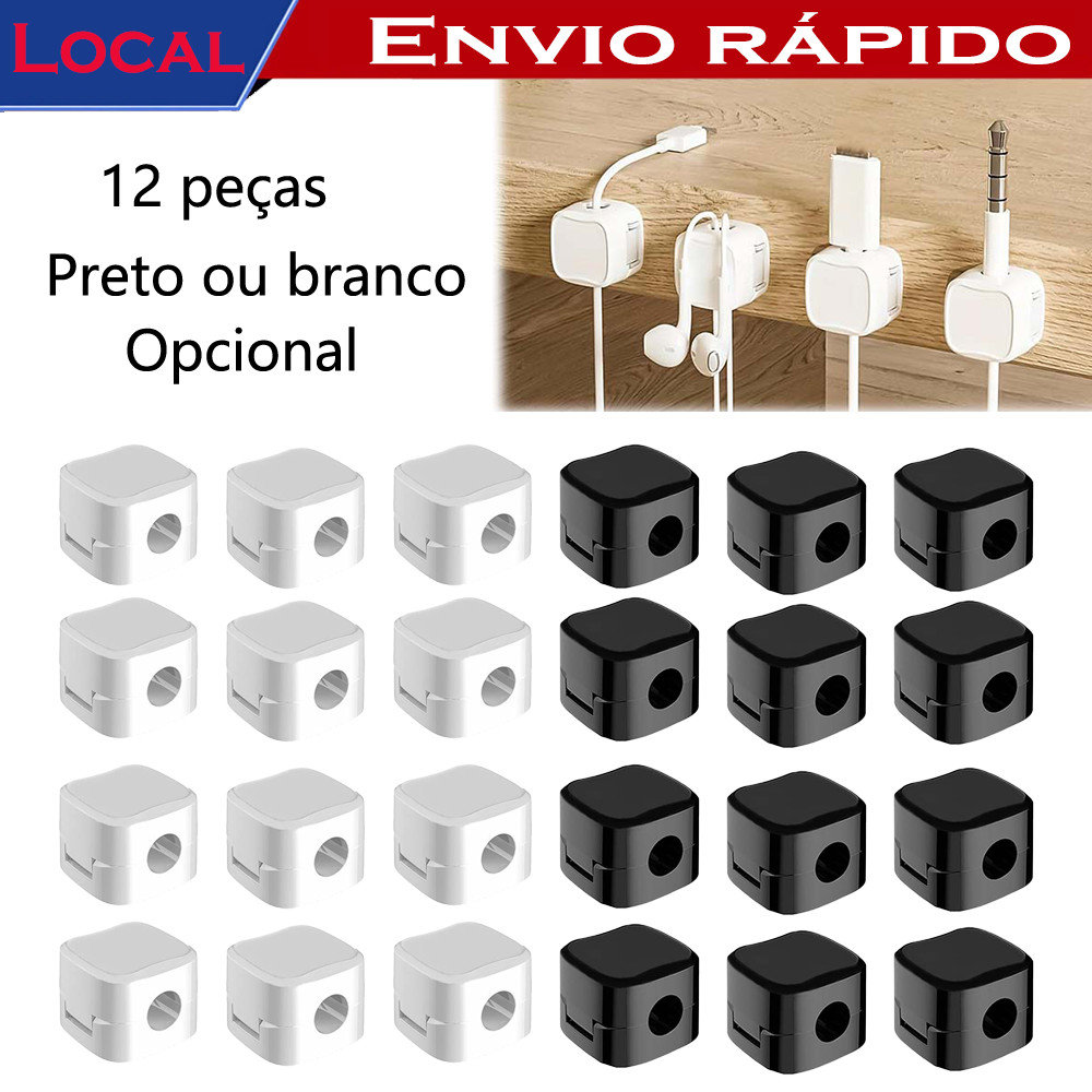 12 peças suportes organizadores cabos,adesivo forte,para gerenciamento cabos mesa magnético fácil de abrir,Preto/Branco