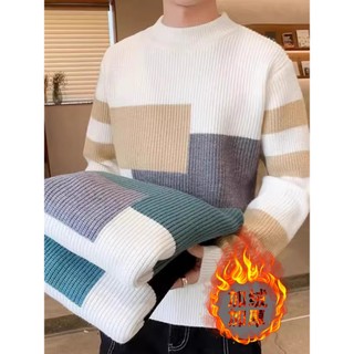 Outono inverno camisola masculina meia gola alta pulôver cor combinando camisola versão coreana na moda forro de lã engr