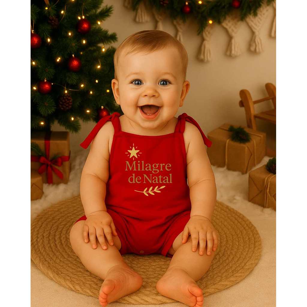 Macacão Jardineira Vermelha  Estampado Confortável Algodão Malha Milagre de Natal