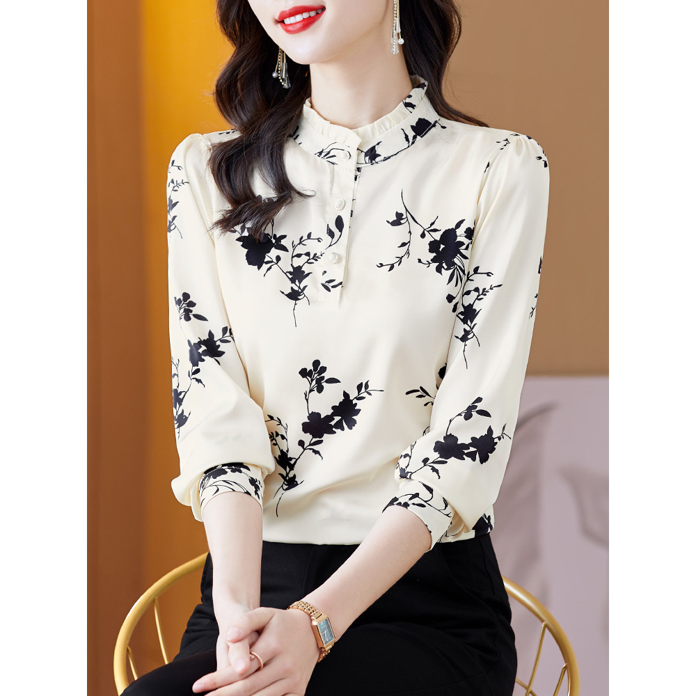 Camisa Floral de gola alta feminina de manga comprida primavera outono roupas High-End estilo ocidental camisa feminina 