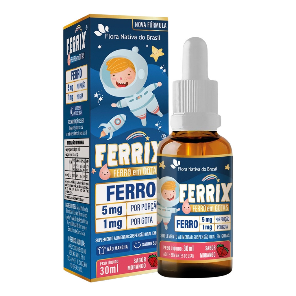 Ferro Em Gotas Ferrix Kids 30ml Flora Nativa Sabor Morango