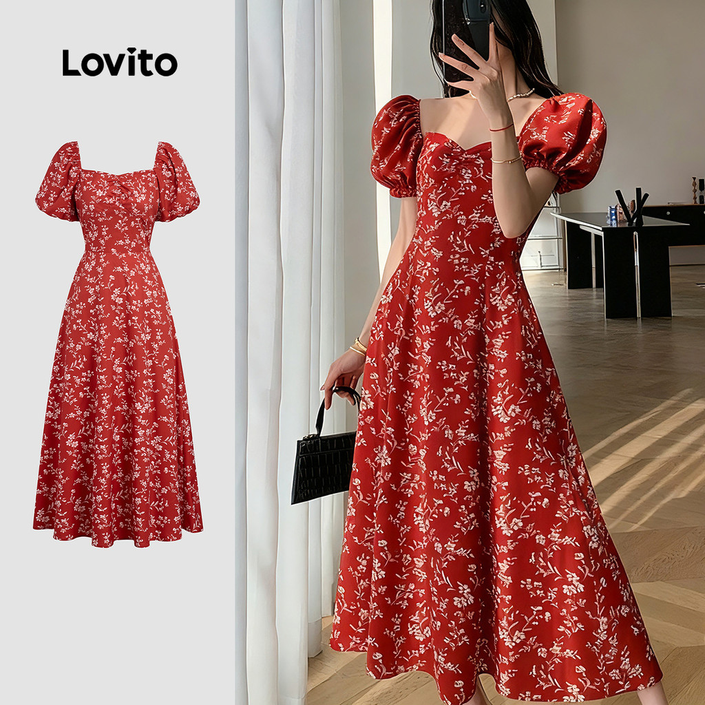 Lovito Vestido Elegante com Pregas Primavera/verão Vermelho para Mulheres L157LD246 em Oferta na Shopee