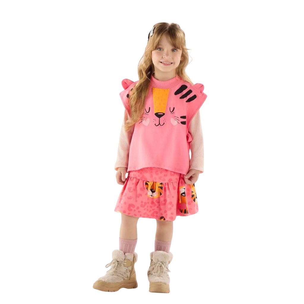 Conjunto Blusa Ribana, Colete e Saia em Molecotton Rosa - Up Baby