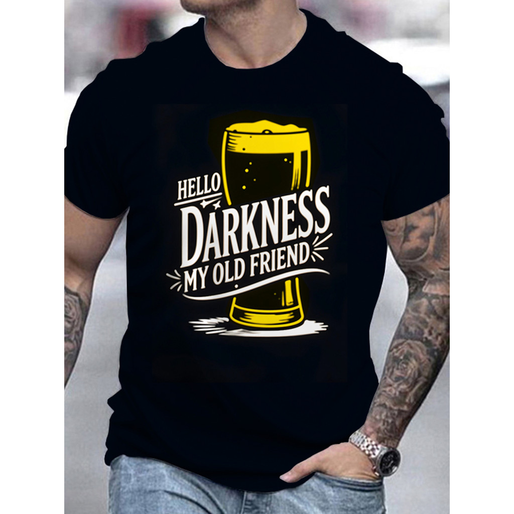Camiseta Masculina 3D Cerveja "Hello Darkness My Old Friend" Preta Amarela Estampada Confortavel Divertida Estilosa