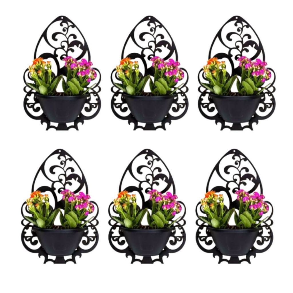 Kit 12 Vasos com Suporte de Parede – Arandelas Pretas para Jardim e Áreas Externas