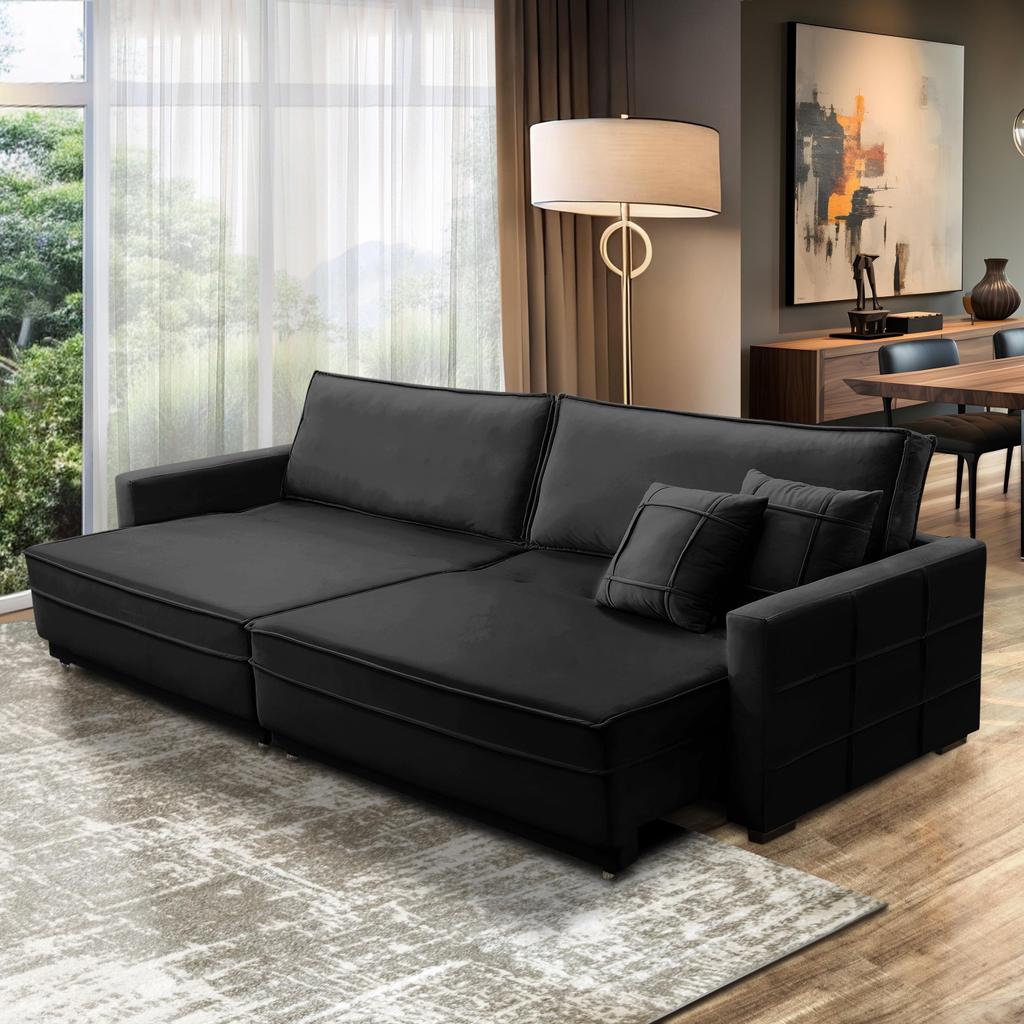 Sofá Cama Retrátil e Reclinável 2,50m com Molas Karen Veludo Preto Adonai Estofados em Oferta na Shopee