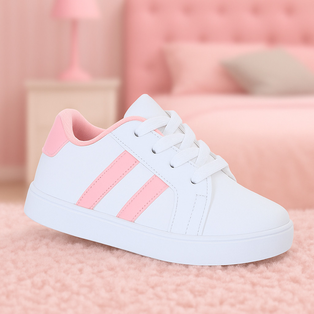 Tenis Calçado Infantil de Menina Branco Listra Rosa Escolar Confortável em Oferta na Shopee
