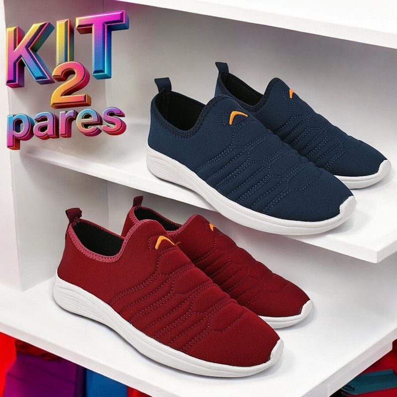 Kit 2 Pares Calce Facil Feminino Adulto Confortável Leve Estiloso Sneaker Esportivo