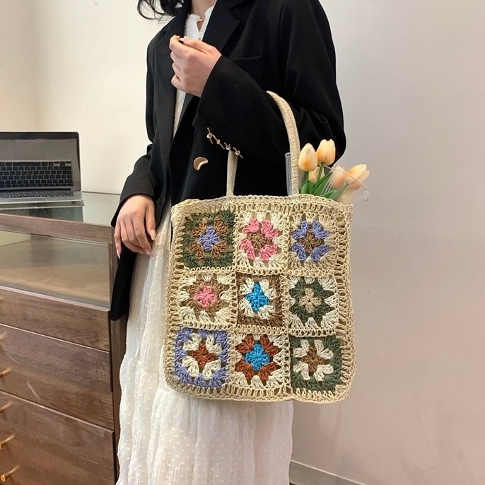 Bolsa de Palha Artesanal Quadrados Crochê (Granny Square) Sacola de Ombro Boho Chic Verão em Oferta na Shopee