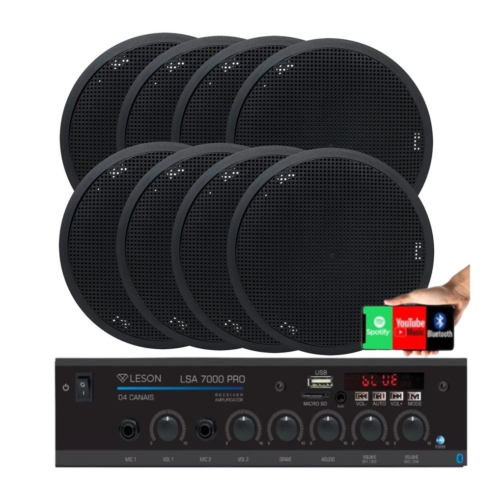 Kit Som Receiver 4 Canal 500w + 8 Caixas Teto/gesso Preto