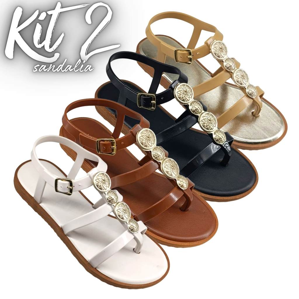 Kit 2 Pares Sandália Feminina Papete Gladiadora Tendência Confortável Leve Flat - Caribe