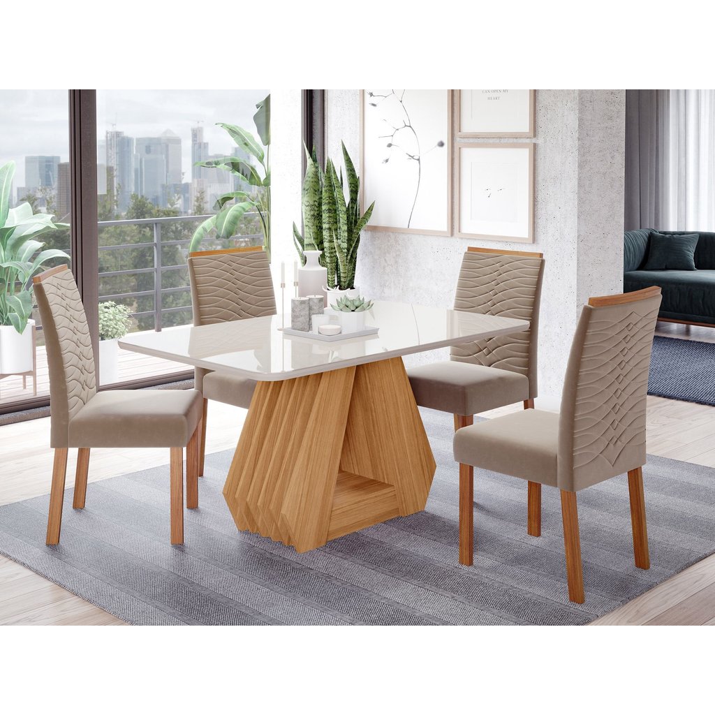 Conjunto Sala de Jantar Mesa Ágata 130x80cm Tampo Vidro/MDF com 4 Cadeiras Clarice  Nature/Off White/Joli em Oferta na Shopee