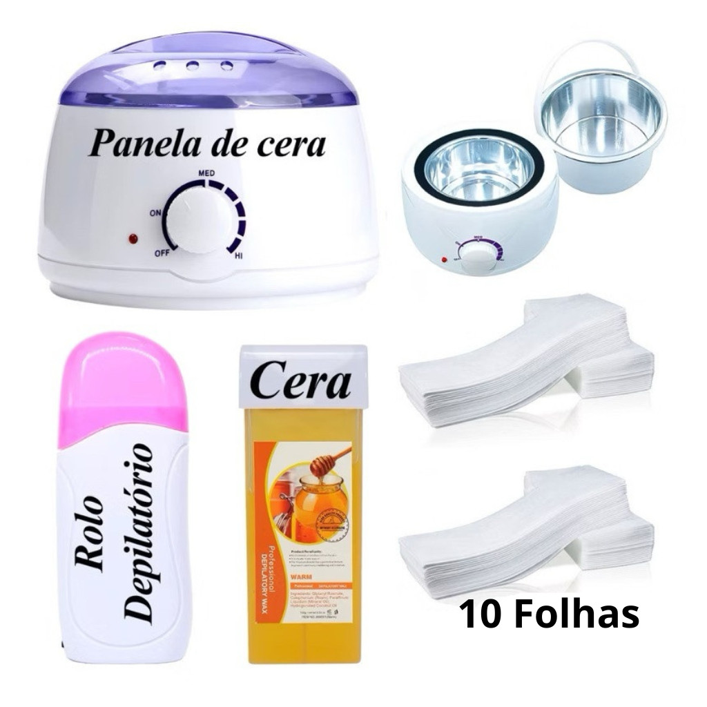 Kit Panela de Cera Quente +Aquecedor Rollon  + Refil Cera Mel + 10 Folhas de Depilação
