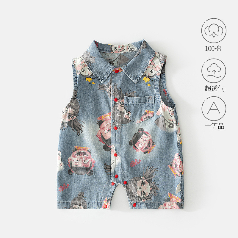 Bebê bebê Nezha sem mangas macacão bebê verão fino algodão Denim macacão recém-nascido bebê curto escalada
