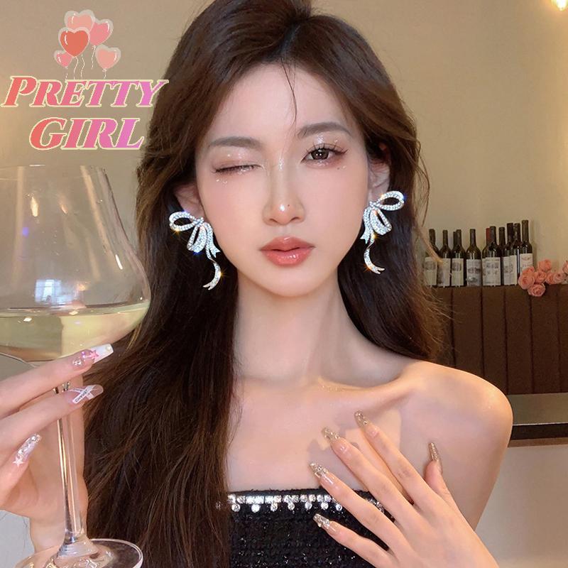 [Pretty ggirl] 1 Par De Brincos Luxuosos Com Pingente De Laço De Strass Completo Para Mulheres , Exagerados E Elegantes 