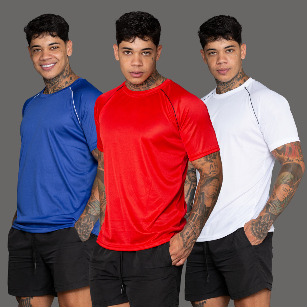 kit 03 camisa masculina dry fit poliéster com lycra academia treino esportes variadas