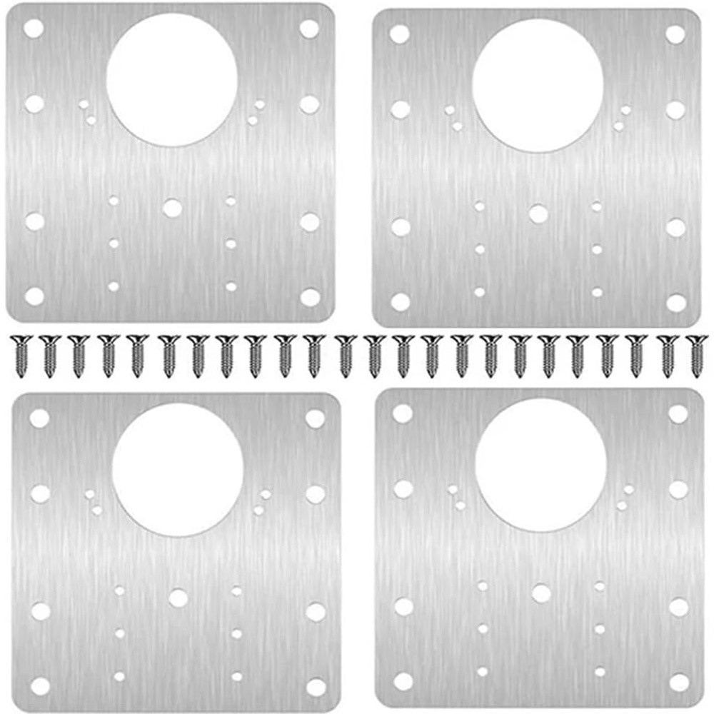 KIT COM 4 PLACAS DE REPARO PARA DOBRADIÇA SOLTA 9X9CM EM INOX + PARAFUSOS – IDEAL PARA MÓVEIS DE MDF E MADEIRA