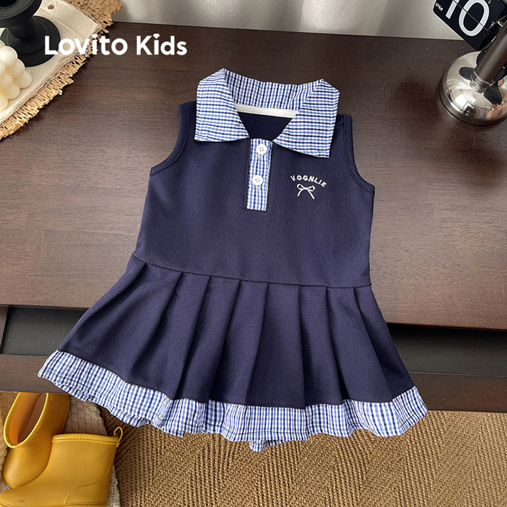 Lovito Kids Vestido Fofo de Cor em Bloco com Plissado para Primavera/verão Vestido Azul escuro LNL123059 em Oferta na Shopee
